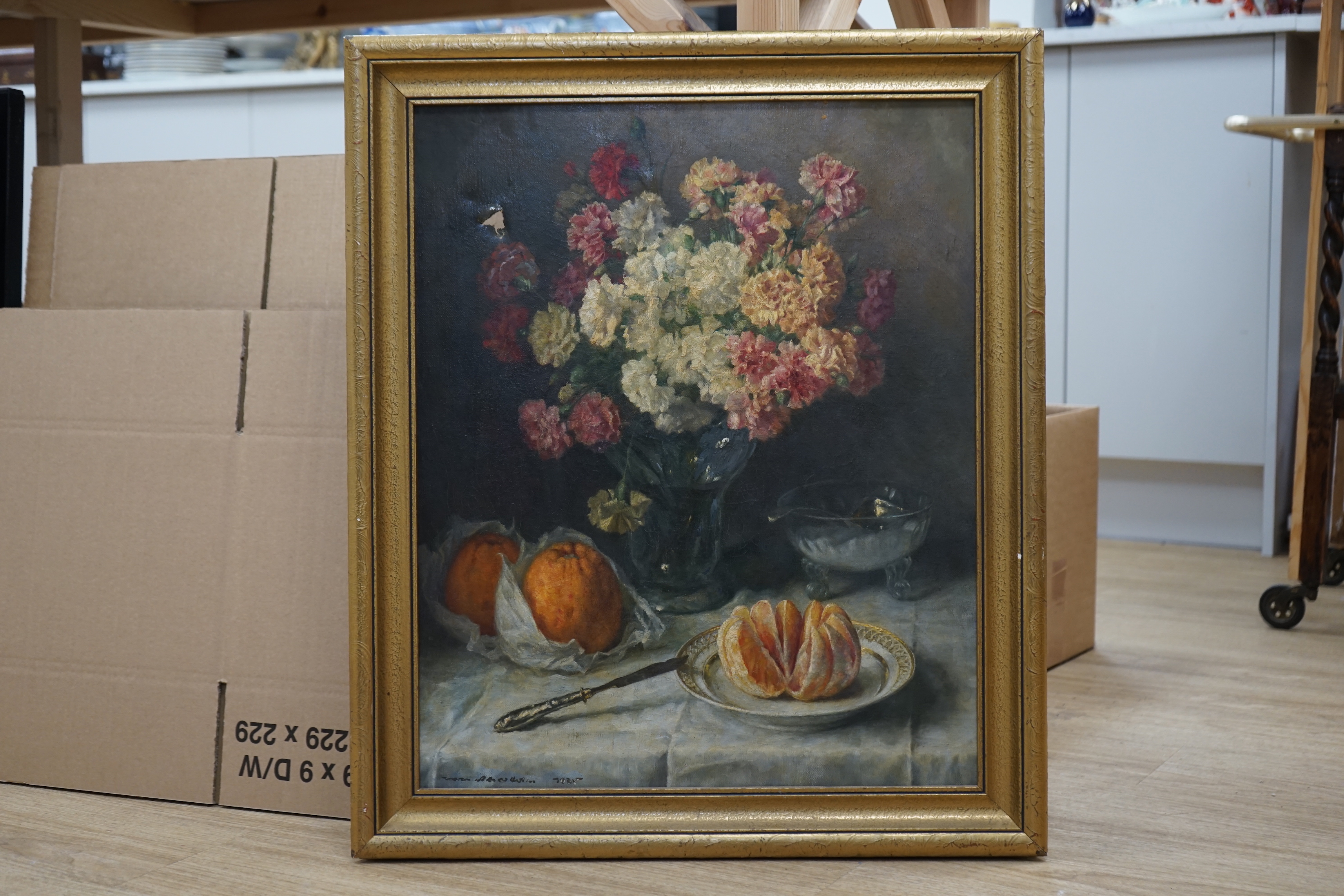 English School, oil on canvas, Still life of flowers and fruit, indistinctly signed and dated 1935 (a.f.) 60 x 49cm